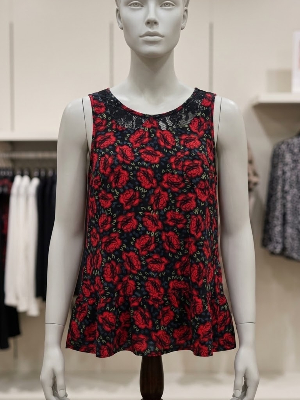 Free People Black Tank with Red Rose Lace Yoke